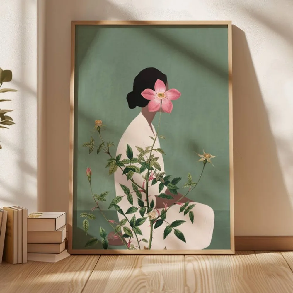 Live Plant Fertilizer - Frameless ดอกไม้สีเขียวหัวผู้หญิง Wall Art, ตัวอักษรนามธรรม, ดอกไม้โปสเตอร์ภาพวาดผ้าใบ,