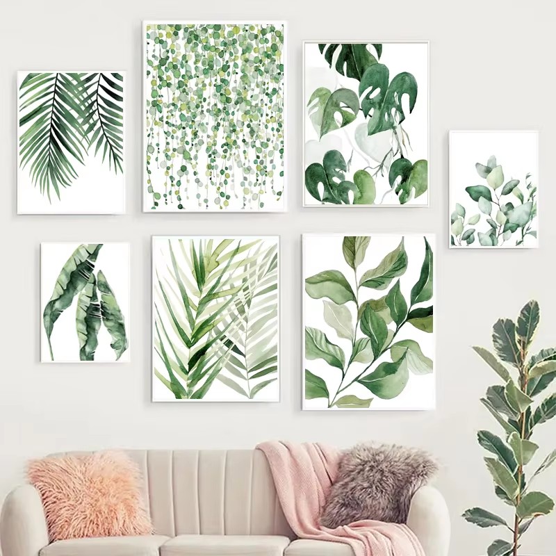 Live Plant Fertilizer - ภาพพิมพ์บนผ้าใบลายใบปาล์มสไตล์นอร์ดิก ภาพวาดสีน้ำโทนเขียวฤดูใบไม้ผลิเรียบง่าย โปสเตอร์ภาพพิมพ์บนผ้าใบสำหรับตกแต่งห้องนั่งเล่น